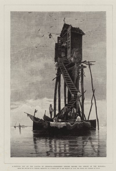 キオッジャのラグーナの祭りの日、マドンナの神社の前で歌う漁師 作： Hermann David Salomon Corrodi